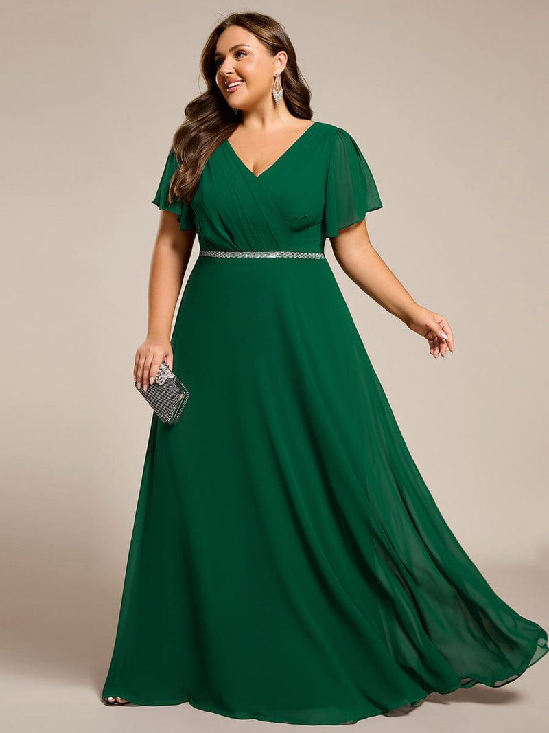 ever LAYLAH|Pleated A-Line Chiffon Formal Evening Dress with Short Sleeves and Sequin Waist