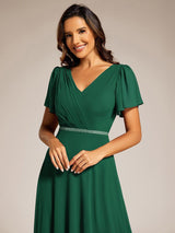 ever LAYLAH|Pleated A-Line Chiffon Formal Evening Dress with Short Sleeves and Sequin Waist