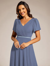 ever LAYLAH|Pleated A-Line Chiffon Formal Evening Dress with Short Sleeves and Sequin Waist