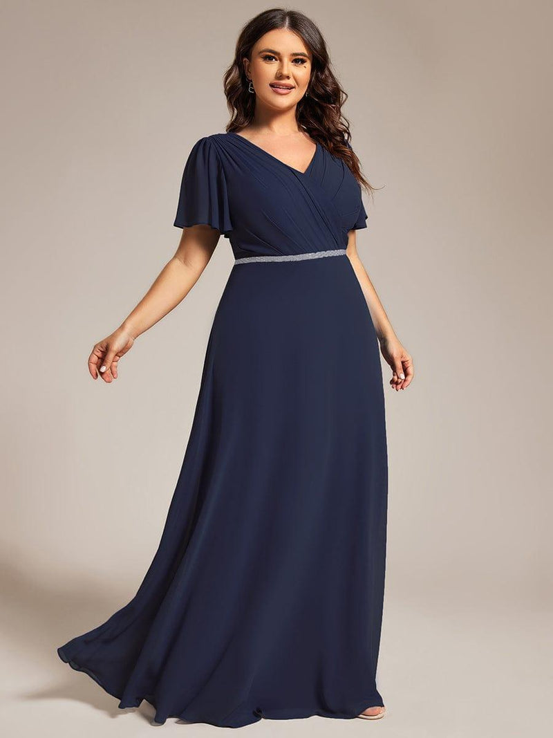 ever LAYLAH|Pleated A-Line Chiffon Formal Evening Dress with Short Sleeves and Sequin Waist