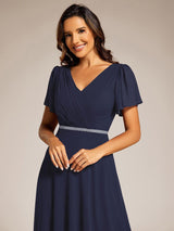 ever LAYLAH|Pleated A-Line Chiffon Formal Evening Dress with Short Sleeves and Sequin Waist