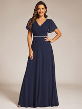 ever LAYLAH|Pleated A-Line Chiffon Formal Evening Dress with Short Sleeves and Sequin Waist