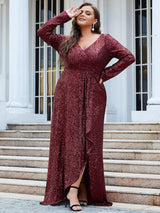 pretty SYREN|Plus Size Sequin V-Neck Long Sleeve High Slit Bodycon Evening Dress