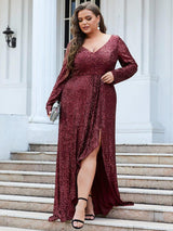 pretty SYREN|Plus Size Sequin V-Neck Long Sleeve High Slit Bodycon Evening Dress