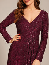 ever SYREN|Sequin Long Sleeve V-neck Asymmetrical Hem Evening Dress