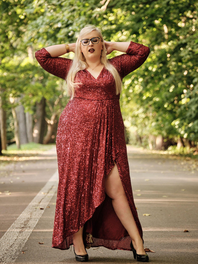 pretty SYREN|Plus Size Sequin V-Neck Long Sleeve High Slit Bodycon Evening Dress