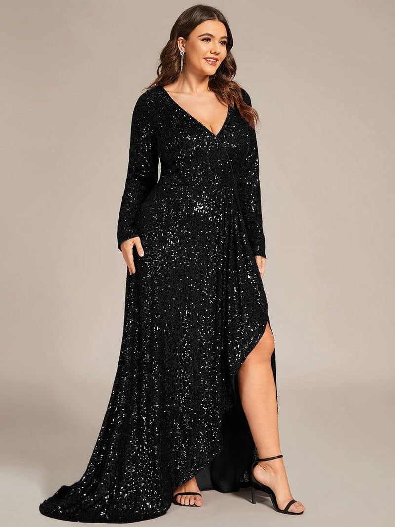 ever SYREN|Sequin Long Sleeve V-neck Asymmetrical Hem Evening Dress