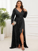 pretty SYREN|Plus Size Sequin V-Neck Long Sleeve High Slit Bodycon Evening Dress