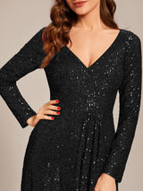 ever SYREN|Sequin Long Sleeve V-neck Asymmetrical Hem Evening Dress