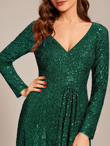 ever SYREN|Sequin Long Sleeve V-neck Asymmetrical Hem Evening Dress
