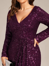 pretty SYREN|Plus Size Sequin V-Neck Long Sleeve High Slit Bodycon Evening Dress