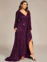 ever SYREN|Sequin Long Sleeve V-neck Asymmetrical Hem Evening Dress