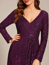 ever SYREN|Sequin Long Sleeve V-neck Asymmetrical Hem Evening Dress