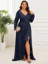 pretty SYREN|Plus Size Sequin V-Neck Long Sleeve High Slit Bodycon Evening Dress