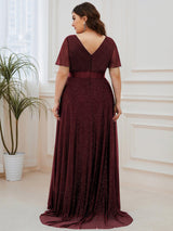 ever LIORÉ|Sparkling Short Sleeve V-Neck Ribbon Waist A-Line Evening Dress
