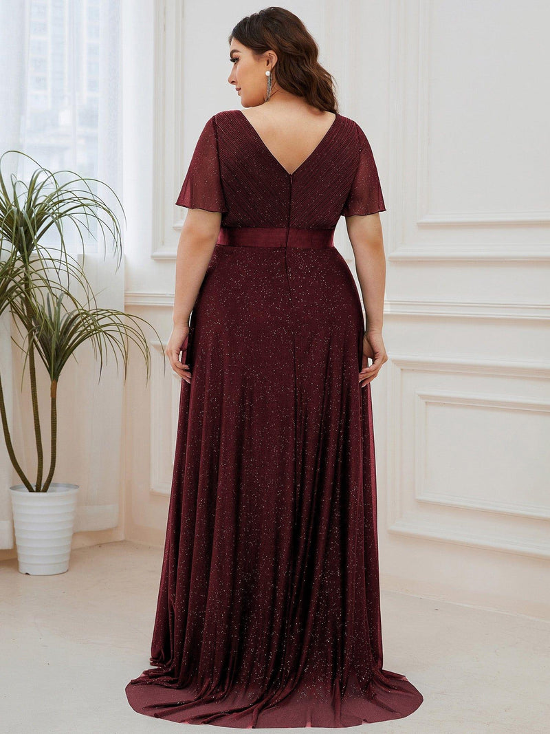 ever LIORÉ|Sparkling Short Sleeve V-Neck Ribbon Waist A-Line Evening Dress