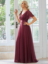 ever LIORÉ|Sparkling Short Sleeve V-Neck Ribbon Waist A-Line Evening Dress