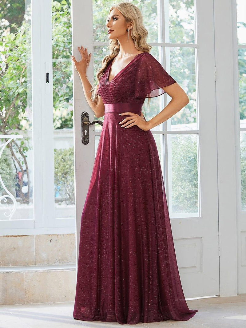 ever LIORÉ|Sparkling Short Sleeve V-Neck Ribbon Waist A-Line Evening Dress