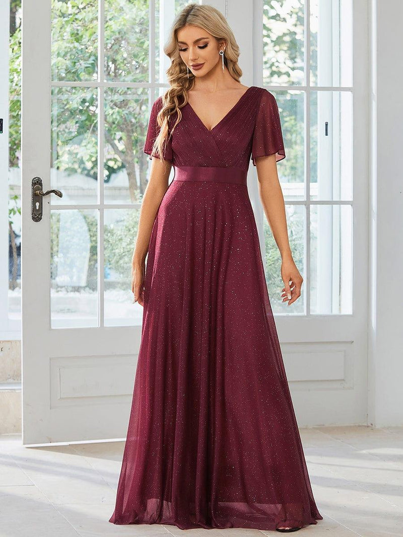 ever LIORÉ|Sparkling Short Sleeve V-Neck Ribbon Waist A-Line Evening Dress