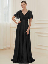 ever LIORÉ|Sparkling Short Sleeve V-Neck Ribbon Waist A-Line Evening Dress