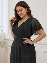ever LIORÉ|Sparkling Short Sleeve V-Neck Ribbon Waist A-Line Evening Dress