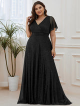ever LIORÉ|Sparkling Short Sleeve V-Neck Ribbon Waist A-Line Evening Dress