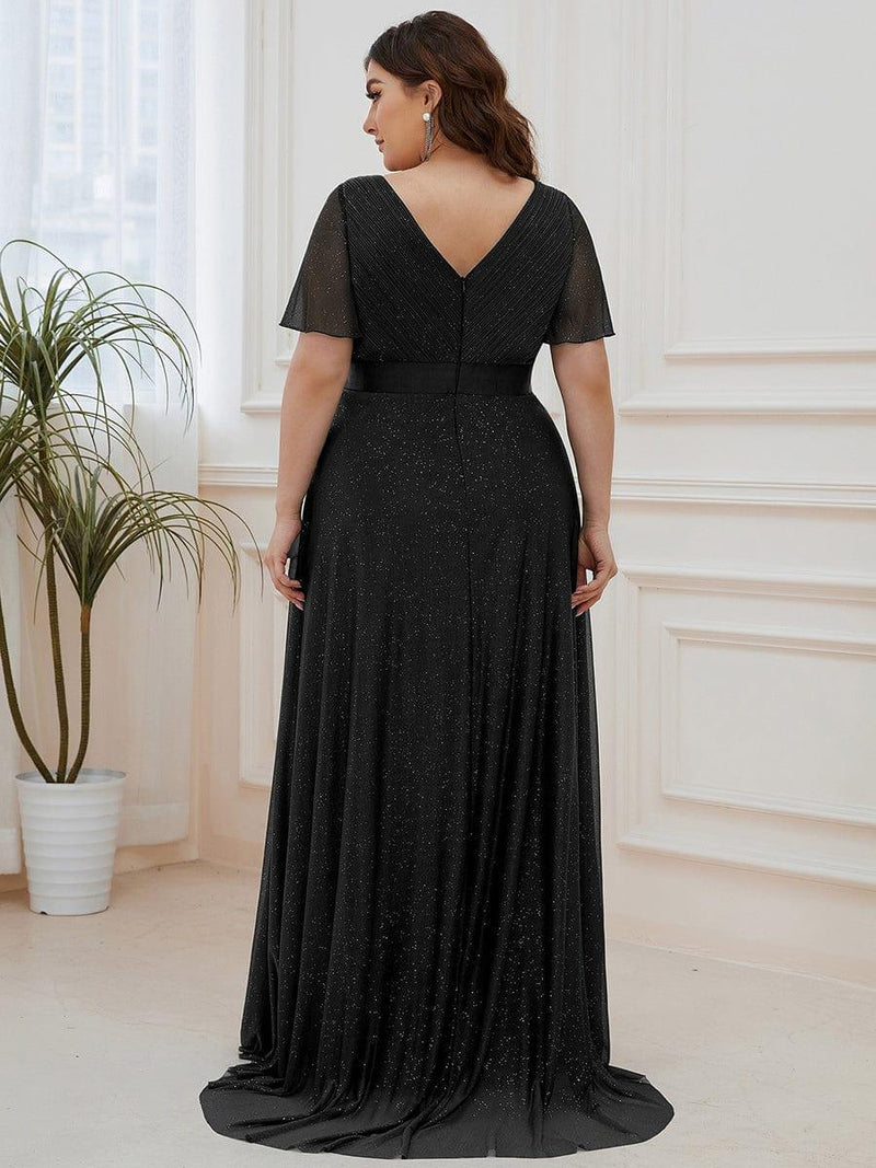 ever LIORÉ|Sparkling Short Sleeve V-Neck Ribbon Waist A-Line Evening Dress