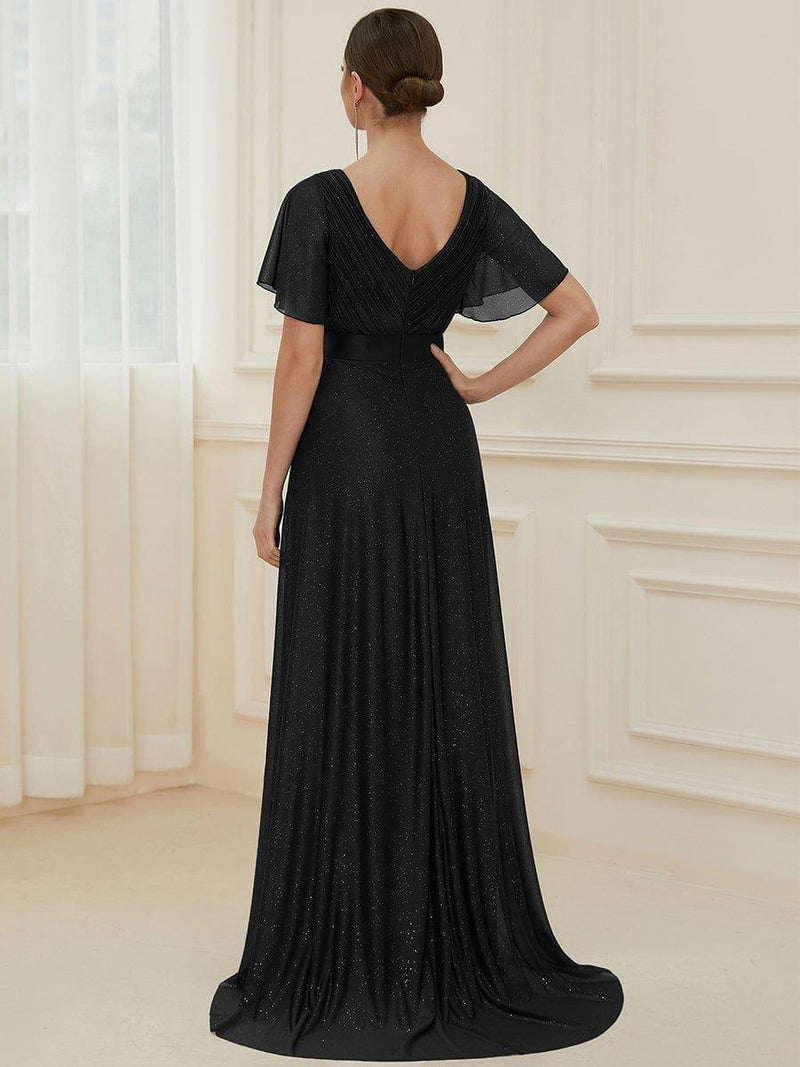 ever LIORÉ|Sparkling Short Sleeve V-Neck Ribbon Waist A-Line Evening Dress