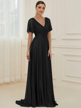 ever LIORÉ|Sparkling Short Sleeve V-Neck Ribbon Waist A-Line Evening Dress