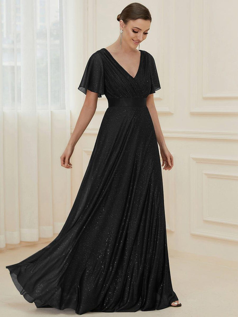 ever LIORÉ|Sparkling Short Sleeve V-Neck Ribbon Waist A-Line Evening Dress