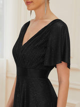 ever LIORÉ|Sparkling Short Sleeve V-Neck Ribbon Waist A-Line Evening Dress
