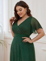 ever LIORÉ|Sparkling Short Sleeve V-Neck Ribbon Waist A-Line Evening Dress