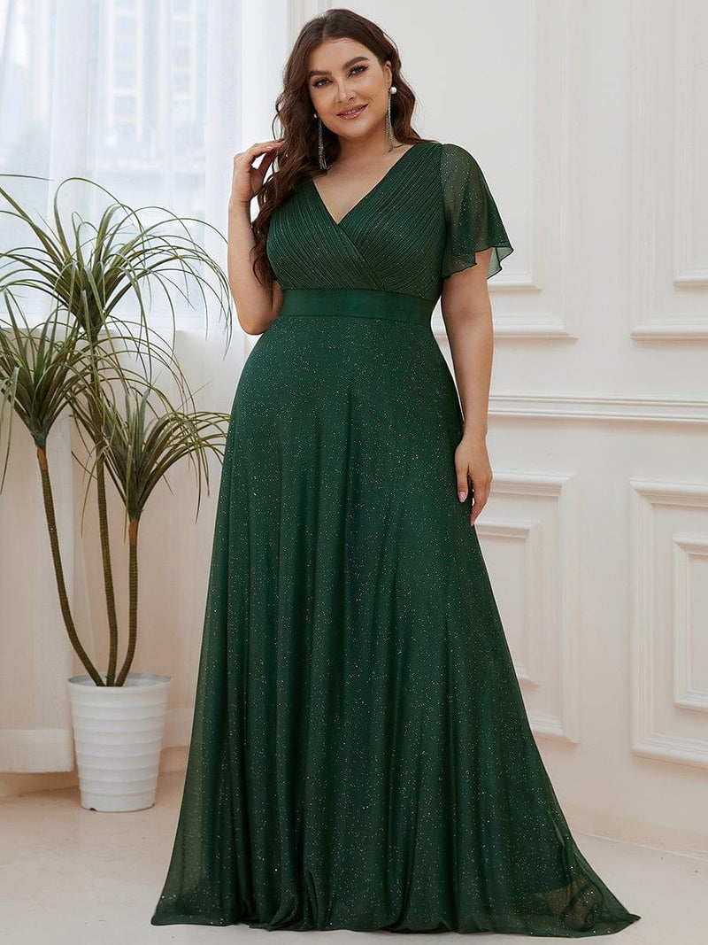 ever LIORÉ|Sparkling Short Sleeve V-Neck Ribbon Waist A-Line Evening Dress