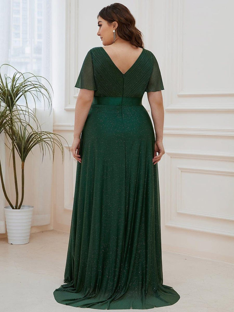 ever LIORÉ|Sparkling Short Sleeve V-Neck Ribbon Waist A-Line Evening Dress