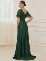 ever LIORÉ|Sparkling Short Sleeve V-Neck Ribbon Waist A-Line Evening Dress