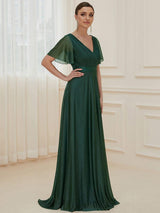 ever LIORÉ|Sparkling Short Sleeve V-Neck Ribbon Waist A-Line Evening Dress
