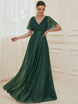 ever LIORÉ|Sparkling Short Sleeve V-Neck Ribbon Waist A-Line Evening Dress