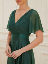 ever LIORÉ|Sparkling Short Sleeve V-Neck Ribbon Waist A-Line Evening Dress