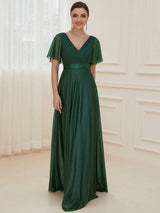 ever LIORÉ|Sparkling Short Sleeve V-Neck Ribbon Waist A-Line Evening Dress