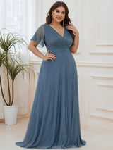 ever LIORÉ|Sparkling Short Sleeve V-Neck Ribbon Waist A-Line Evening Dress