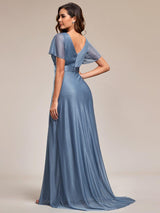 ever LIORÉ|Sparkling Short Sleeve V-Neck Ribbon Waist A-Line Evening Dress