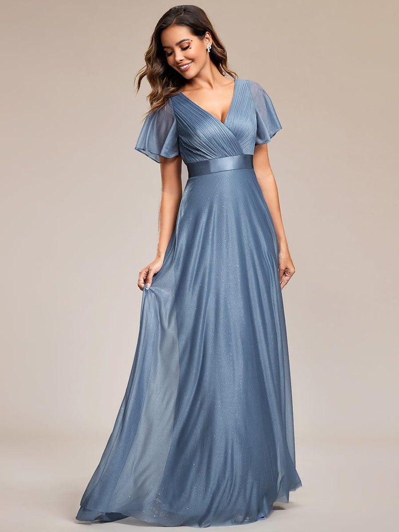 ever LIORÉ|Sparkling Short Sleeve V-Neck Ribbon Waist A-Line Evening Dress