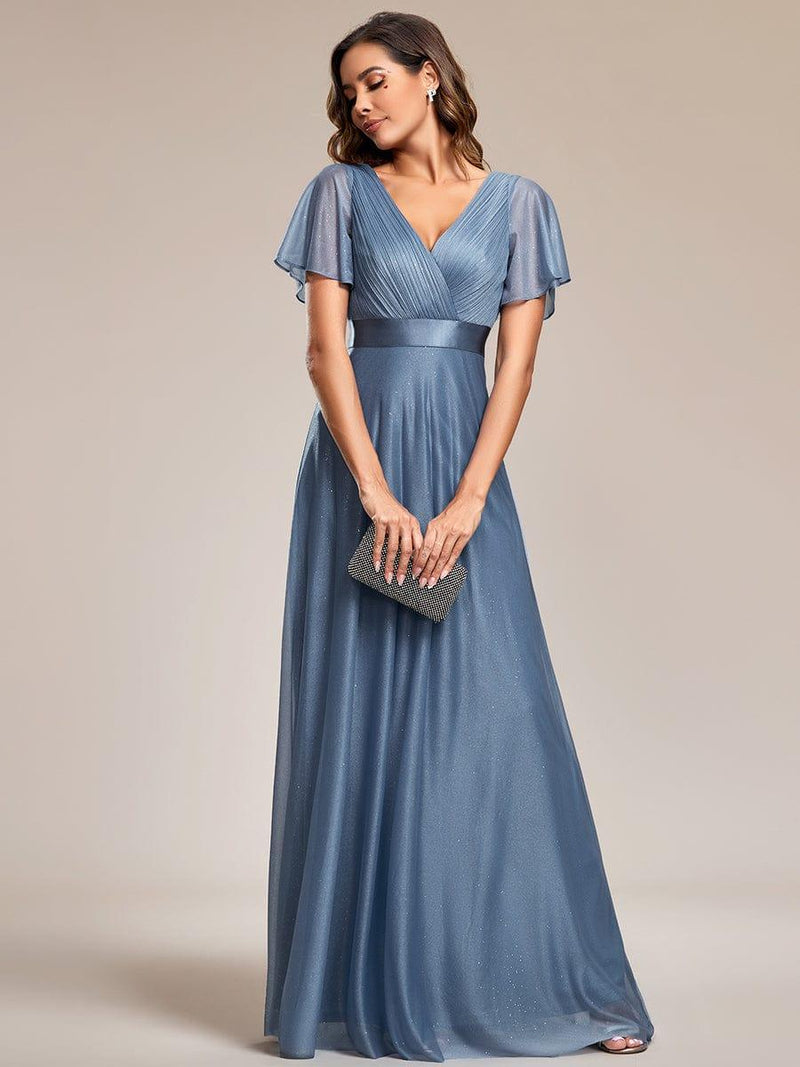 ever LIORÉ|Sparkling Short Sleeve V-Neck Ribbon Waist A-Line Evening Dress