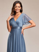 ever LIORÉ|Sparkling Short Sleeve V-Neck Ribbon Waist A-Line Evening Dress