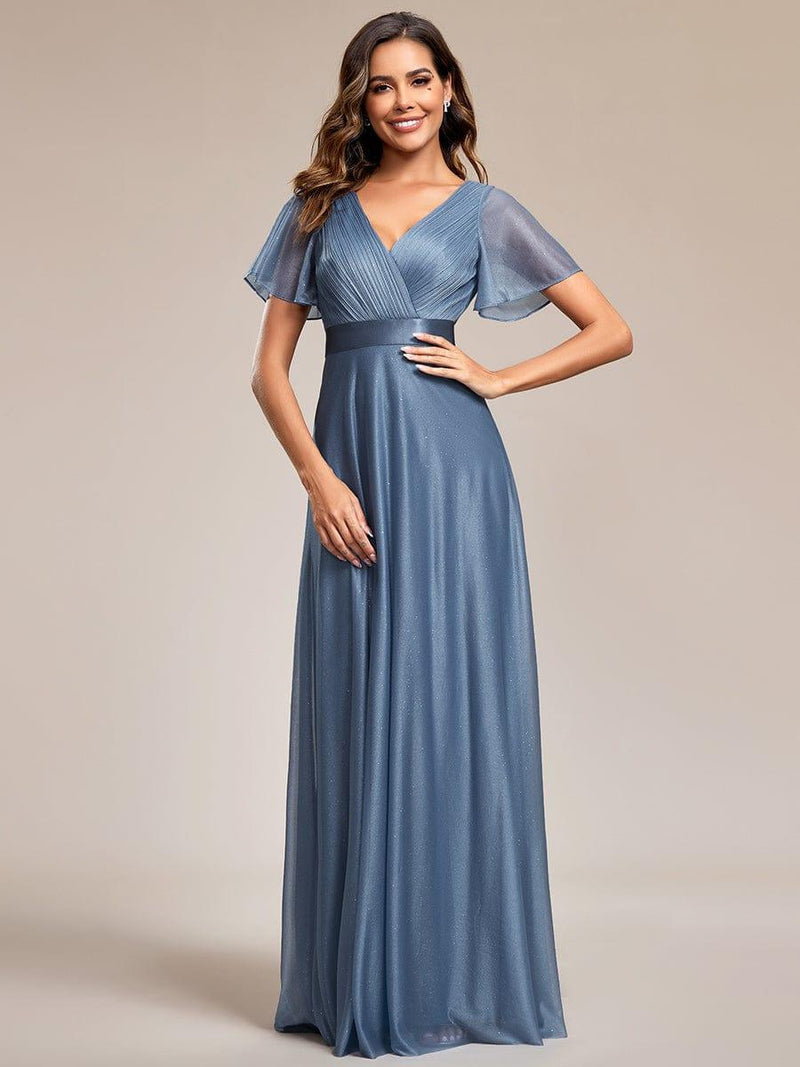 ever LIORÉ|Sparkling Short Sleeve V-Neck Ribbon Waist A-Line Evening Dress