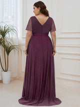 ever LIORÉ|Sparkling Short Sleeve V-Neck Ribbon Waist A-Line Evening Dress