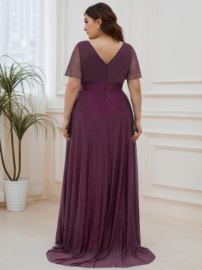 ever LIORÉ|Sparkling Short Sleeve V-Neck Ribbon Waist A-Line Evening Dress