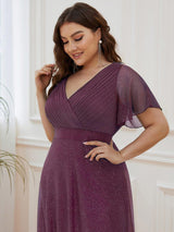 ever LIORÉ|Sparkling Short Sleeve V-Neck Ribbon Waist A-Line Evening Dress