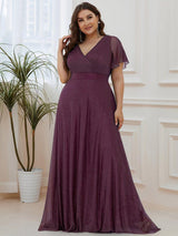 ever LIORÉ|Sparkling Short Sleeve V-Neck Ribbon Waist A-Line Evening Dress