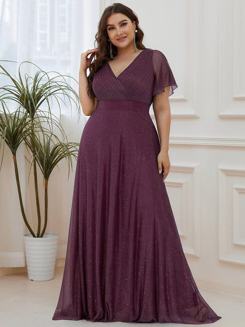 ever LIORÉ|Sparkling Short Sleeve V-Neck Ribbon Waist A-Line Evening Dress